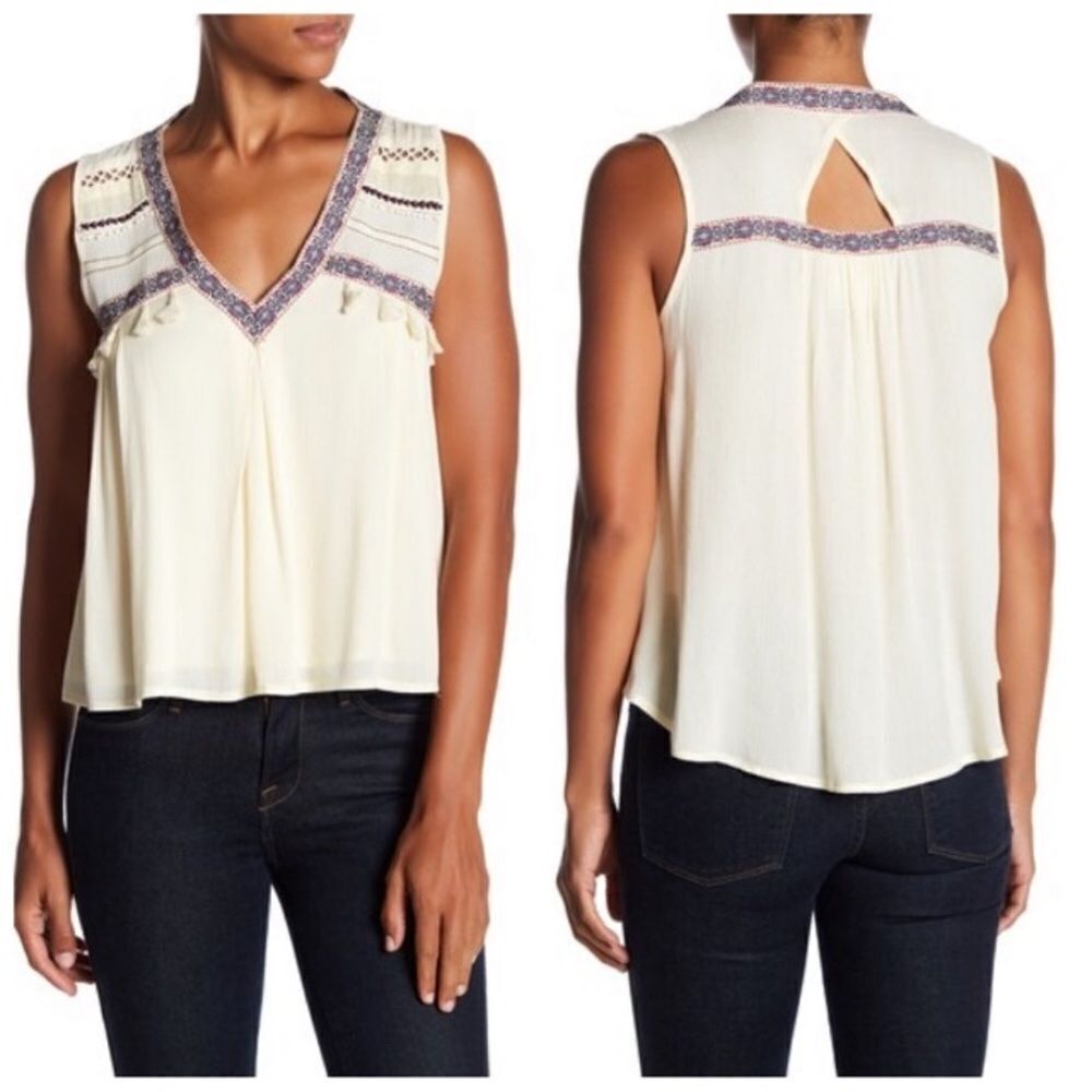 PPLA CRINKLE BOHO COTTAGECORE EMBROIDERED TASSEL V-NECK FLOWY‎ TANK TOP NWT M